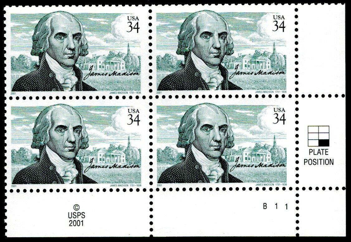 2001 President James Madison Plate Block of 4 34c Postage Stamps - MNH, OG - Scott 3545
