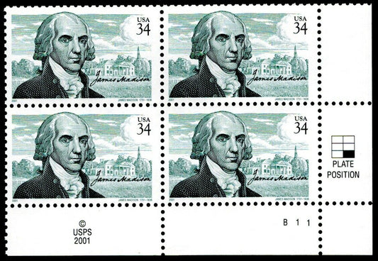 2001 President James Madison Plate Block of 4 34c Postage Stamps - MNH, OG - Scott 3545