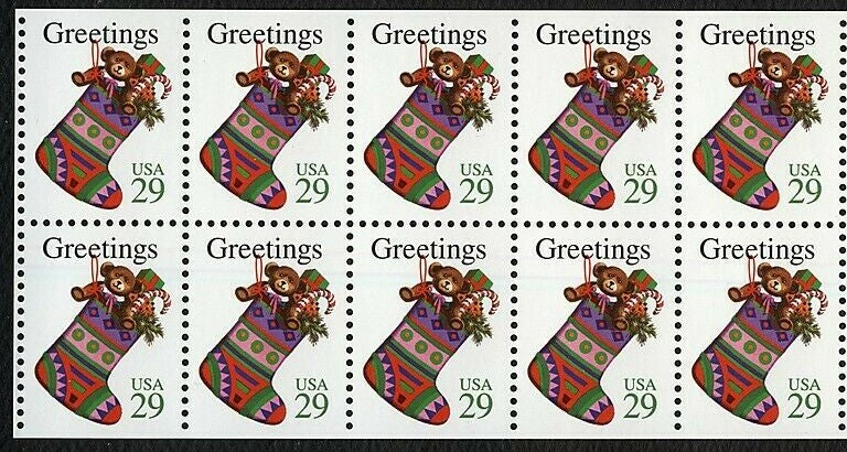 1994 Christmas Greetings Stocking Booklet Pane Of 10 29c Postage Stamps - MNH, OG - Scott 2872 - CX398a