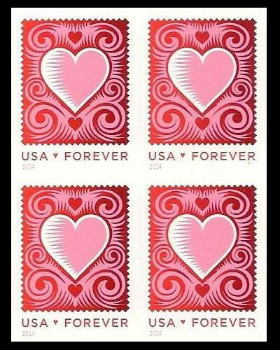 2014 Heart Plate Block of 4 Forever Postage Stamps - Scott - 4847 - MNH, OG - CX744