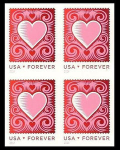 2014 Heart Plate Block of 4 Forever Postage Stamps - Sc# - 4847 - MNH, OG - CX744