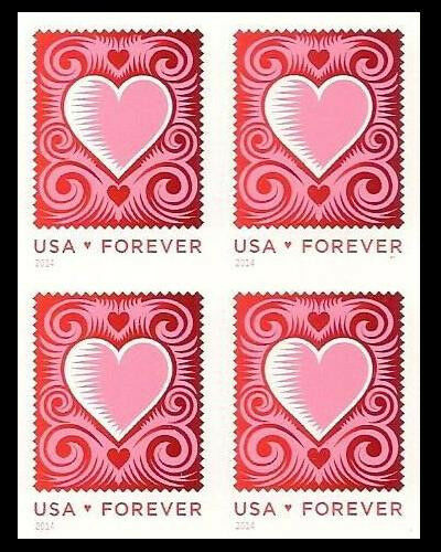 2014 Heart Plate Block of 4 Forever Postage Stamps - Sc# - 4847 - MNH, OG - CX744