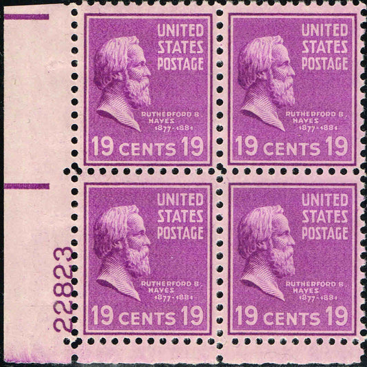 1938 President Rutherford B. Hayes Plate Block of 4 19c Postage Stamps - Scott 824 - MNH,OG