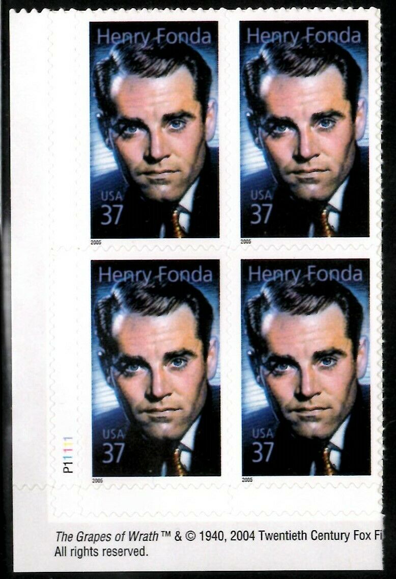 2005 Henry Fonda Plate Block of 4 37c Postage Stamps - MNH, OG - Scott 3911