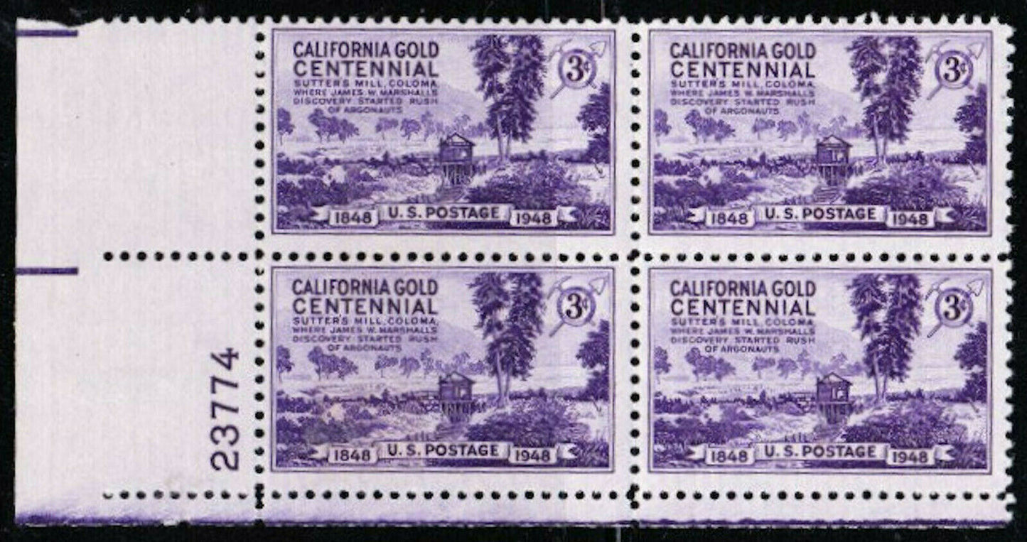 1948 California Gold Centennial Plate Block of 4 3c Postage Stamps - MNH, OG - Scott 954