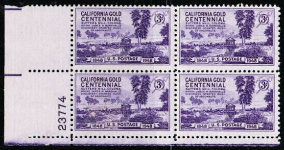 1948 California Gold Centennial Plate Block of 4 3c Postage Stamps - MNH, OG - Sc# 954