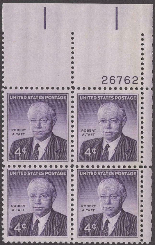 1960 Robert A. Taft Plate Block of 4 4c Postage Stamps - MNH, OG - Scott 1161