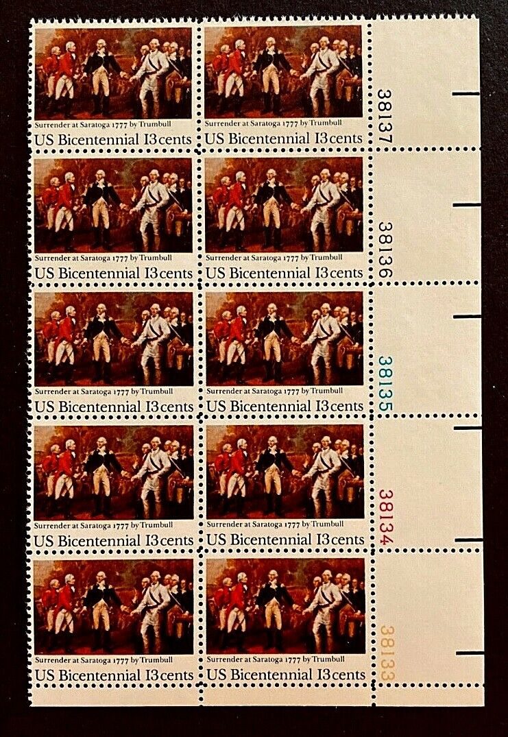 1977 Surrender At Saratoga Plate Block of 10 13c Postage Stamps - MNH, OG - Scott 1728