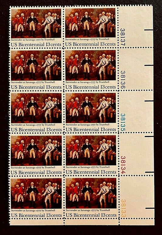 1977 Surrender At Saratoga Plate Block of 10 13c Postage Stamps - MNH, OG - Scott 1728