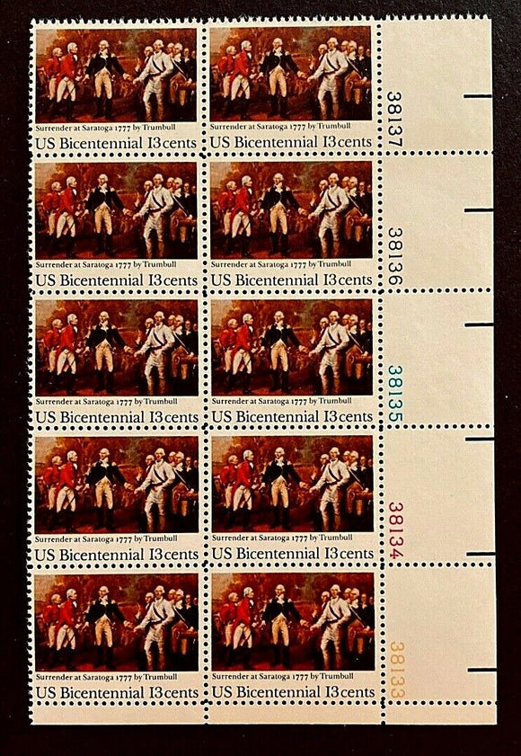 1977 Surrender At Saratoga Plate Block of 10 13c Postage Stamps - MNH, OG - Sc# 1728