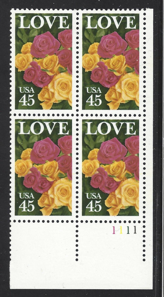 1988 Roses Love Issue Plate Block of 4 45c Postage Stamps - MNH, OG - Scott 2379