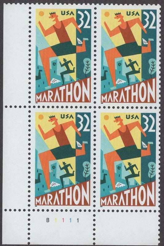 1996 Marathon Plate Block of 4 32c Postage Stamps - MNH, OG - Scott 3067