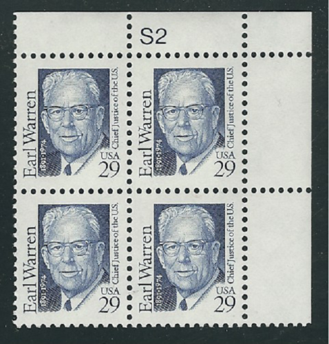 1986 Earl Warren Chief Justice Plate Block Of 4 Scott# 2184 - MNH, OG - CW294a