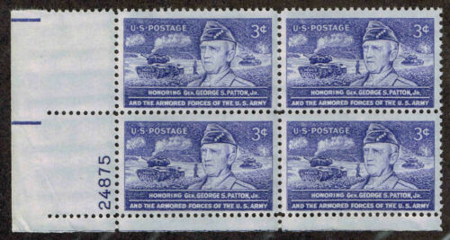 1953 General George Patton Plate Block of 4 3c Postage Stamps - MNH, OG - Scott 1026
