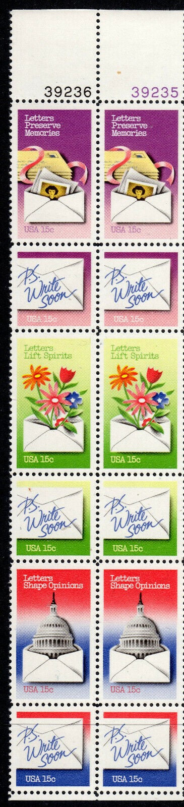 1979 Letter Writing Week Strip Of 12 15c Postage Stamps With Plate Numbers - Sc# 1805-1810 - MNH, OG - CW30a
