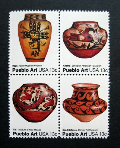 1977 Pueblo Indian Folk Art Pottery Block of 4 15c Postage Stamps - MNH, OG - Scott 1706-1709