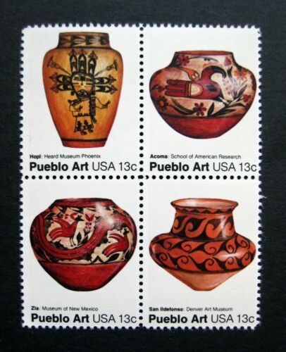 1977 Pueblo Indian Folk Art Pottery Block of 4 15c Postage Stamps - MNH, OG - Sc# 1706-1709