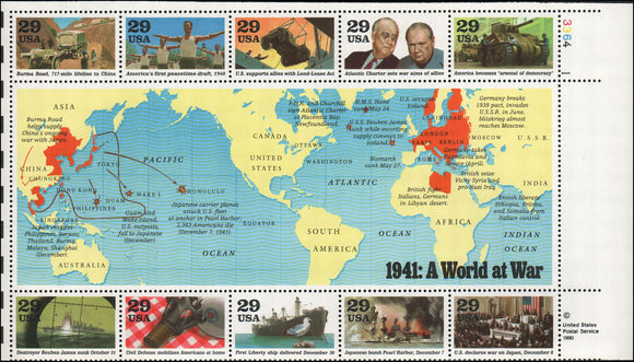 1991 - 1941 WW2 - A World At War Sheet Of 10 29c Postage Stamps - Sc# 2559 - MNH, OG - CW238