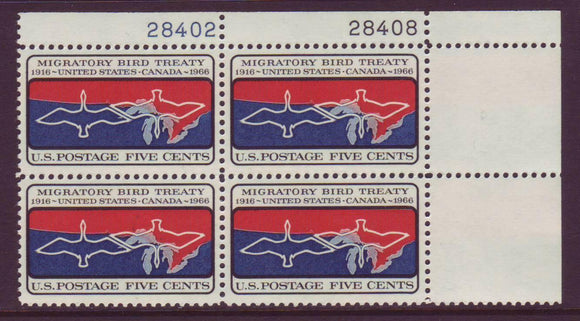 1966 Migratory Bird Treaty Plate Block Of 4 5c Postage Stamps - MNH, OG - Sc# 1306`- CX244
