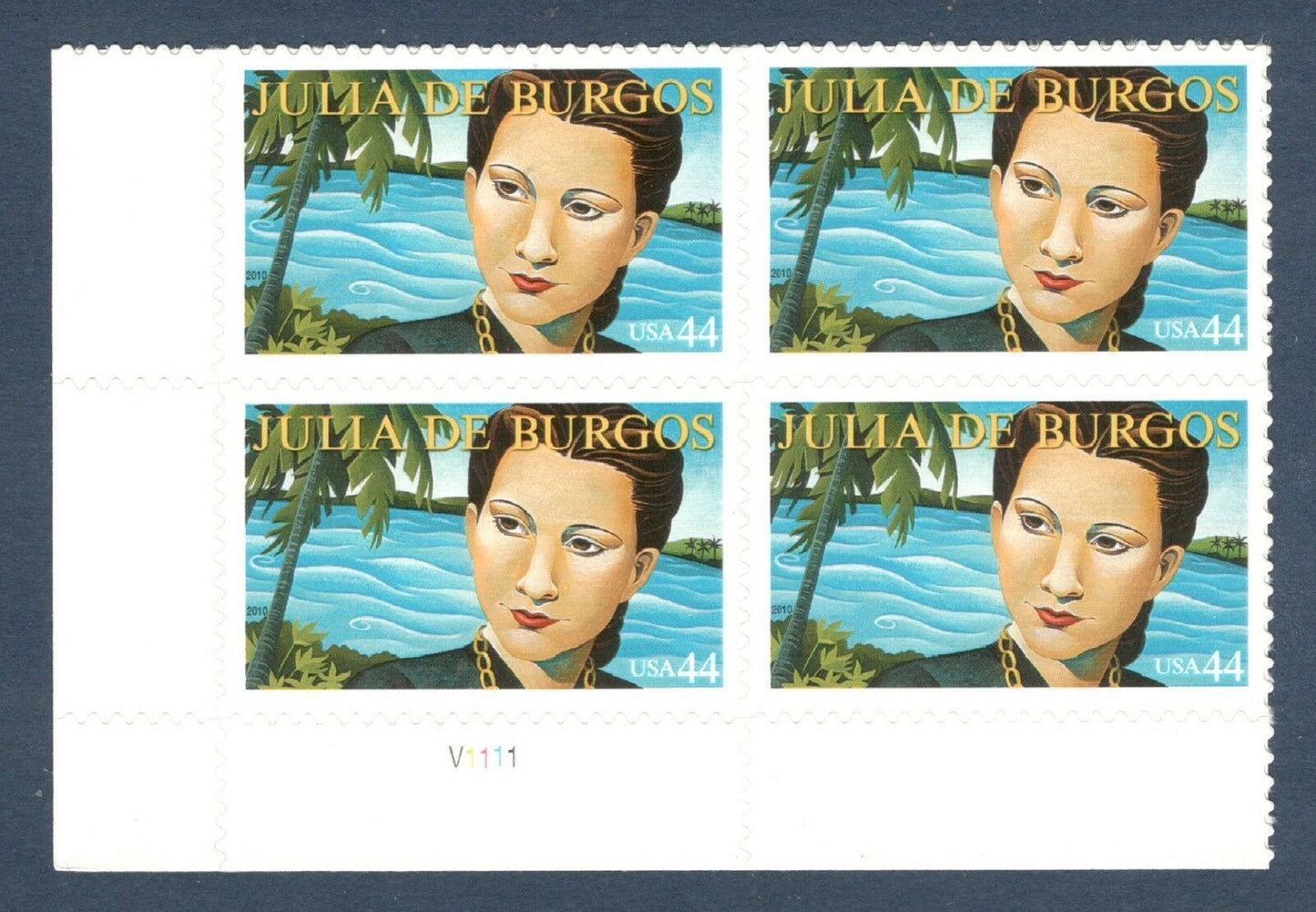 2010 Julia Burgos Plate Block of 4 44c Postage Stamps - MNH, OG - Scott 4476