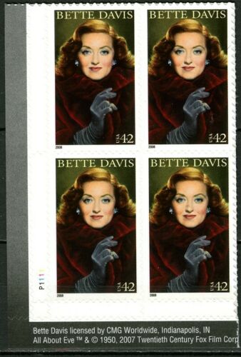 2008 Bette Davis Plate Block Of 4 42c Postage Stamps - Sc 4350 - MNH, OG - DM128a