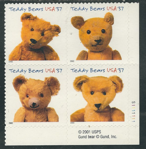 2002 Teddy Bears Plate Block Of 4 37c Postage Stamps - Sc# 3653-3656 - MNH, OG - CX884