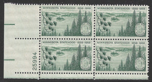 1958 Minnesota Statehood Plate Block of 4 3 Cent Stamps - MNH, OG - Scott# 1106- CX908