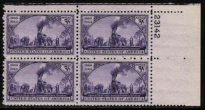 1944 Transcontinential Railroad Plate Block of 4 3c Postage Stamps - MNH, OG - Sc# 922