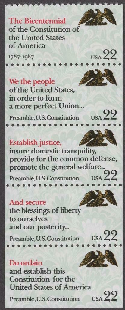 1987 We The People Booklet Pane of 5 22c Stamps - MNH, OG - Scott 2355-2359 - CX407