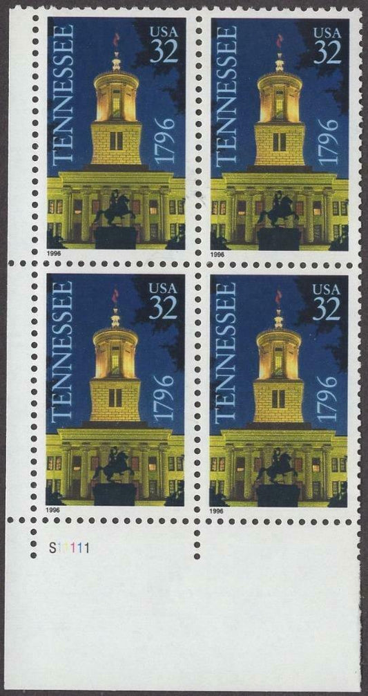 1996 Tennessee Statehood Plate Block of 4 32c Postage Stamps - MNH, OG - Scott 3070