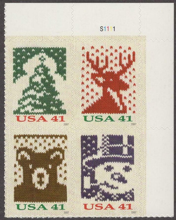 2007 Christmas Holiday Knittings Plate Block Of 4 41c Postage Stamps - Sc# 4207-4210 - MNH, OG - DC103