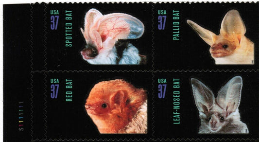 2002 American Bats Plate Block of 4 37c Postage Stamps - MNH, OG - Scott 3661-3664