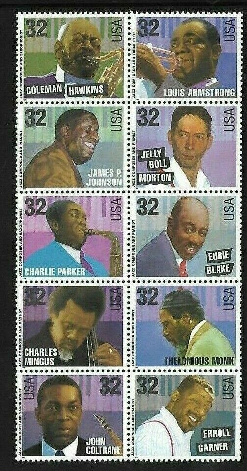 1995 Jazz Musicians Block Of 10 32c Postage Stamps - MNH, OG - Scott 2982-2992 - DS181