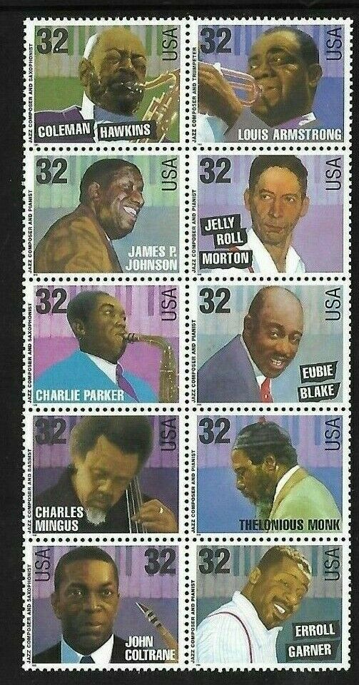 1995 Jazz Musicians Block Of 10 32c Postage Stamps - MNH, OG - Sc# 2982-2992 - DS181