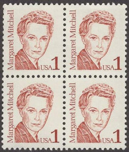 1986 Margaret Mitchell "Gone With The Wind" Block of 4 1c Postage Stamps - MNH, OG - Sc# 2168