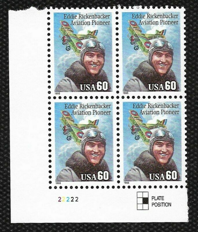 1995 Eddie Rickenbacker Plate Block of 4 60c Postage Stamps - MNH, OG - Scott 2998