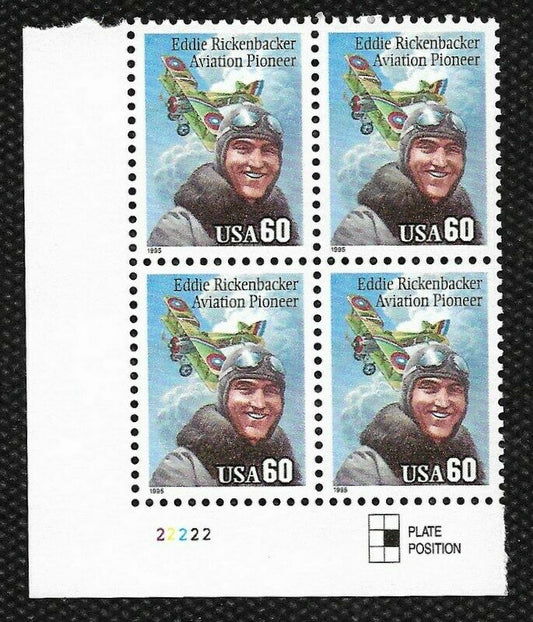 1995 Eddie Rickenbacker Plate Block of 4 60c Postage Stamps - MNH, OG - Scott 2998