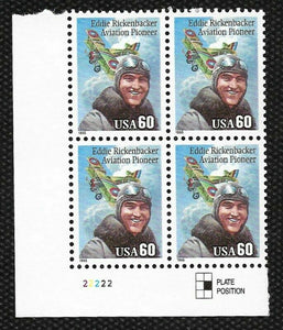 1995 Eddie Rickenbacker Plate Block of 4 60c Postage Stamps - MNH, OG - Sc# 2998