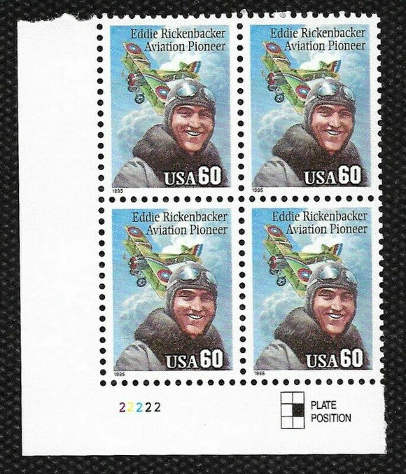 1995 Eddie Rickenbacker Plate Block of 4 60c Postage Stamps - MNH, OG - Sc# 2998
