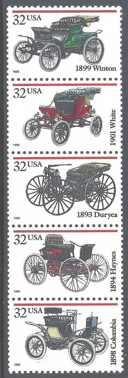 1995 Antique Automobiles Cars Strip Of 5 32c Postage Stamps - Scott 3019-3023, MNH, OG - CW354