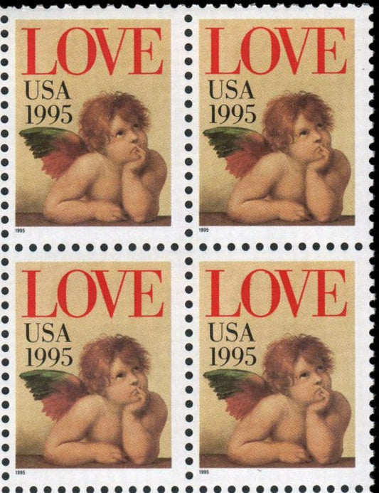 1995 Love Cupid Valentines Block of 4 32c Postage Stamps - MNH, OG - Scott 2948