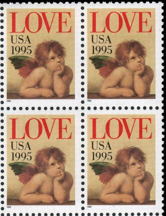1995 Love Cupid Valentines Block of 4 32c Postage Stamps - MNH, OG - Sc# 2948