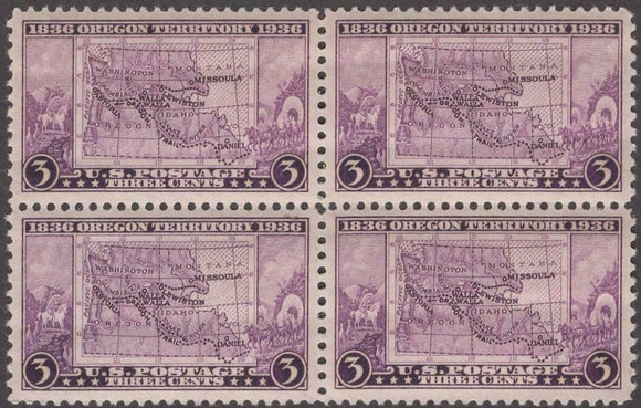1936 Oregon Territory Centennial Block of 4 3 ¢ Postage Stamps  - Sc# 783 -  MNH,OG
