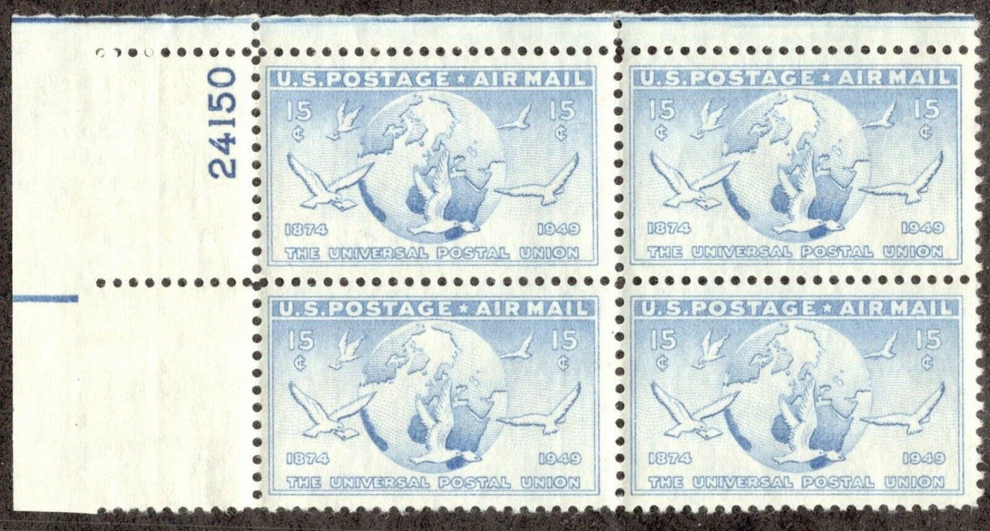 1949 Globe & Doves  Plate Block 15c Airmail Postage Stamp  - Scott C43 -  MNH,OG