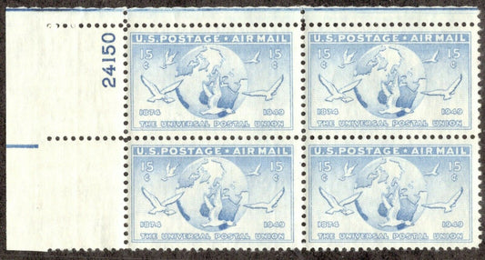 1949 Globe & Doves  Plate Block 15c Airmail Postage Stamp  - Scott C43 -  MNH,OG