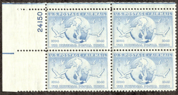 1949 Globe & Doves  Plate Block 15c Airmail Postage Stamp  - Sc# C43 -  MNH,OG