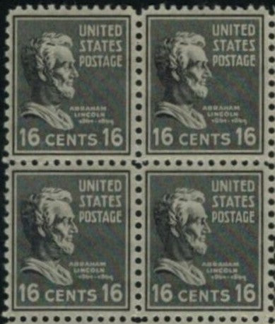 1938 President Abraham Lincoln Block of 4 16c Postage Stamps - Scott 821 - MNH,OG
