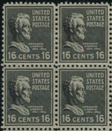 1938 President Abraham Lincoln Block of 4 16c Postage Stamps - Sc# 821 - MNH,OG