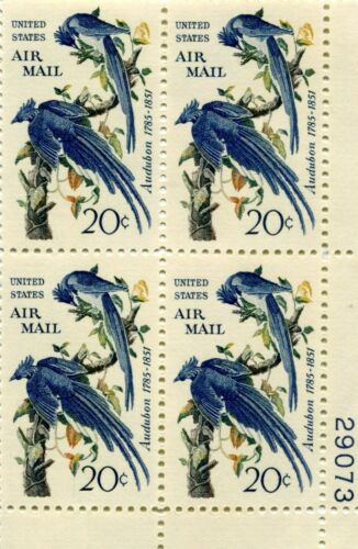 1967 Audubon Columbia Jays Plate Block of 4 20c Air Mail Postage Stamps - Sc# C71 -  MNH,OG